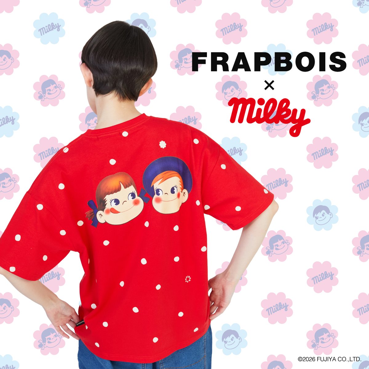 _FRAPBOIS_'s tweet photo. 🍬本日発売🍬
【FRAPBOIS × milky】

「フラボア」と「ミルキー」のコラボTシャツ第2弾✨

ミルキーフラワー柄のBOX Tシャツと、ミルキーのキャンディをイメージした総柄ドットTシャツの2型が登場。

▼くわしくはこちら
 https://t.co/SHSyOA61vS

#frapbois 
#milky #ペコちゃんコラボ https://t.co/yHdVjLu1VU