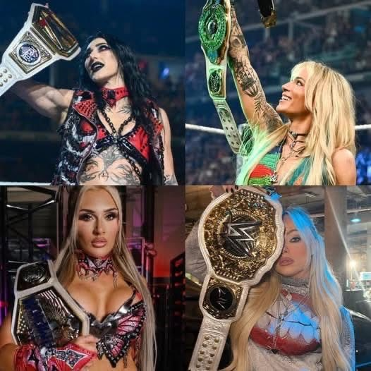 richard93612's tweet photo. Estas son las actuales campeonas individuales en #WWE del elenco principal #WWERAW-#SmackDown. Rhea Ripley con el WWE femeino, Liv Morgan mundial femenil, Sol Ruca con el Intercontinental y Tiffanay Straton con el Estados Unidos. Me gusta mas es el de Rhea
#WWEEspañol #Beatiful https://t.co/OT6VLm7smc