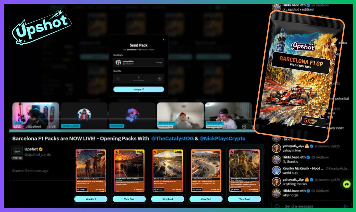 skarovangel25's tweet photo. W in the chat! 🏎️

Jumped into the Barcelona F1 Pack livestream with @TheCatalystOG and @NickPlaysCrypto and somehow walked away with a FREE Barcelona F1 Prediction Pack! 🎁

Big shoutout to the @upshot_cards and the Catalyst legends for the giveaway and the absolute banger of a stream. 

The vibes, the pack openings, the community reactions, and the legendary pulls had the chat buzzing all night 👀

Now it's time to crack open the pack and see if there's a future race winner hiding inside 🏆

If you're not tuning into these live pack openings, you're missing out on some serious fun.

Who's opening Barcelona packs this week? 🏁

🏁 The packs are ripping, the predictions are flying, and the leaderboard is waiting here. 👇
🎯 Upshot: https://t.co/YXL0zYc6l8
💬 Discord: https://t.co/BJAG1OFgqM
