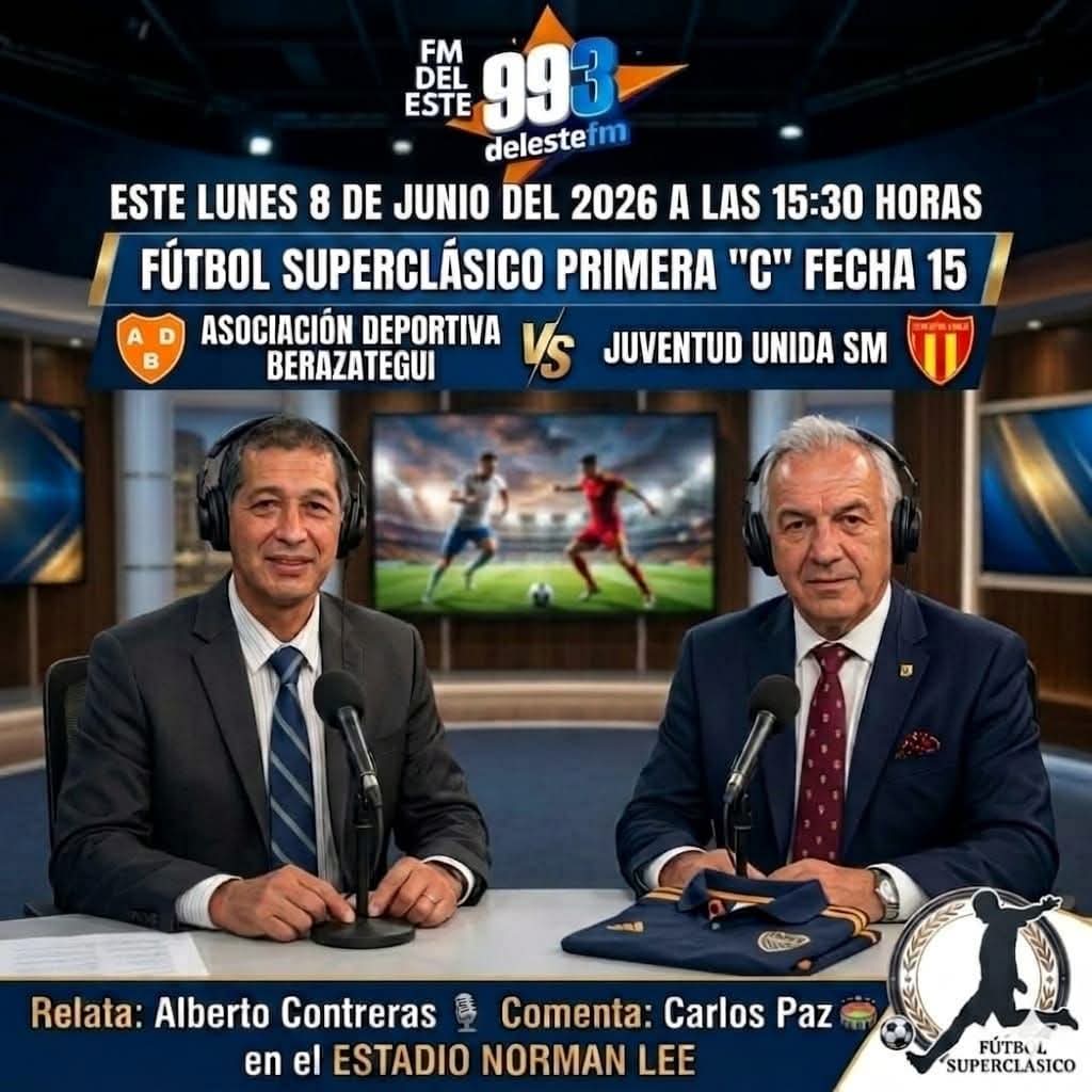 alberto7219's tweet photo. Este Lunes 8 de Junio del 2026 a las 15:30 Horas #FútbolSuperclásico PRIMERA "C" Fecha 15 @ADB_Oficial 🆚 JUVENTUD UNIDA SM Relata @alberto7219 Comenta Carlos Paz en FM del Este 99.3 Mhz 📻 Escuchanos vía Radio 🌎 Visitá nuestra página web: 👉 https://t.co/6QRhV3yJ0c https://t.co/c7uEg83PUg