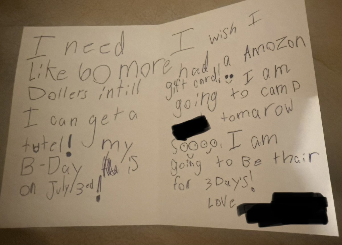 TexAng01's tweet photo. My mail today…from my 7 year old neighbor.

I’m not sure if  wants $60 for a turtle AND an Amazon gift card or if she thinks she can order a turtle from Amazon with a $60 gift card.😂 https://t.co/hCbLaXgvvz