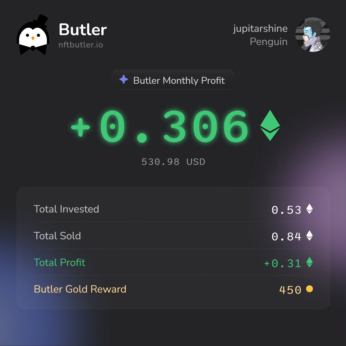 JupitarSnow's tweet photo. 0.306 Ξ in profit made in the last 4 days using @nftbutler 💰📈

Sharing on X to grab my extra 450 Butler Gold 🟠
Bidding’s a breeze with NFT Butler in my arsenal!  🐧

#NFT #NFTCommunity #NFTButler

https://t.co/lRQHbOkPKD https://t.co/KLmaddswV8