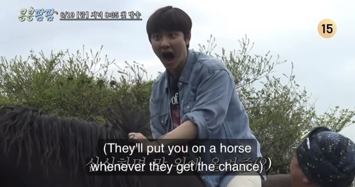 solornbalbum's tweet photo. kyungsoo getting the princess treatment by the farmer uncle to ride the horse meanwhile he gave horse poop to kwangsoo🤣 https://t.co/ESBYQenX69