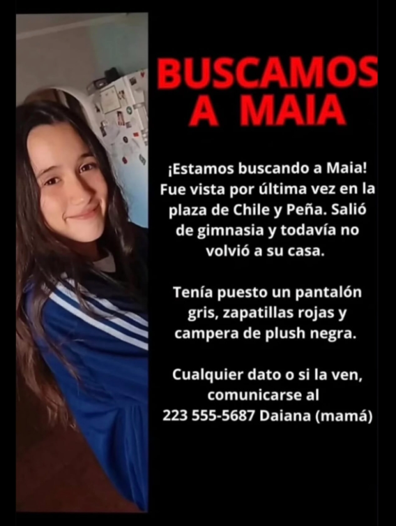 desaparecidaorg's tweet photo. Maia Ludmila Campos tiene 13 años, desapareció el 20/5/26 en Mar del Plata, provincia de Buenos Aires. Zona: Plaza de las calles Chile y Peña. Vestía campera de plush negra, pantalón gris y zapatillas rojas. Avisar #Urgente al☎️223-5555687,  o 911

#MarDelPlata #BuenosAires https://t.co/R9oxcAeO45