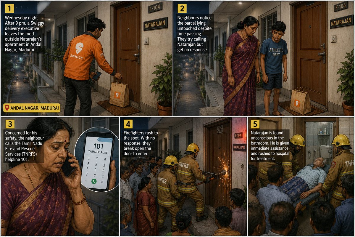 ramsundaramTOI's tweet photo. An untouched Swiggy parcel outside a Madurai apartment became the clue that saved an 83-year-old man living alone. 

Neighbours noticed. Firefighters broke in and found him unconscious in his bathroom, rescuing him in time. 

#Good_news #TamilNadu https://t.co/NYi2NbZHWV