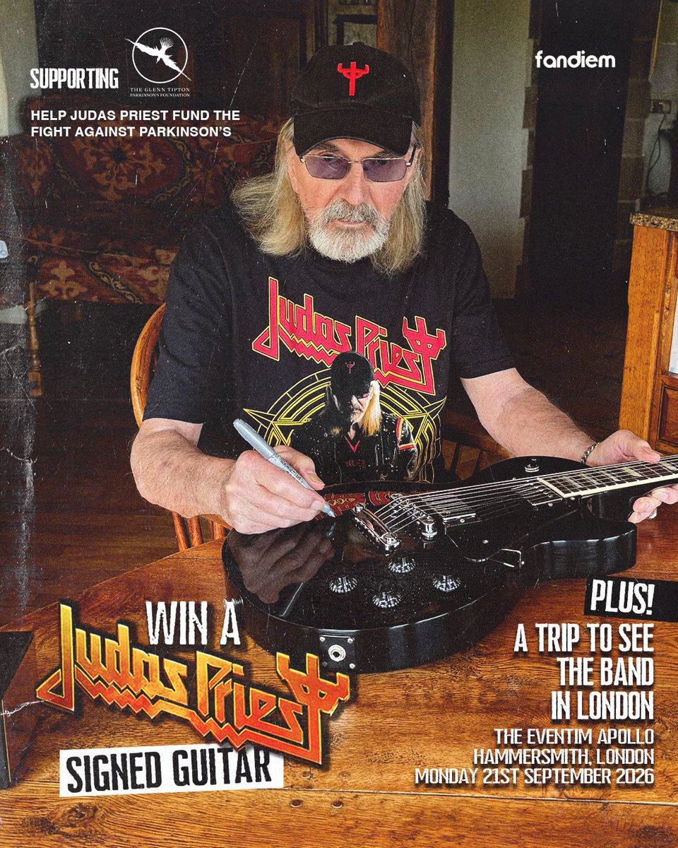 judaspriest's tweet photo. Win this Judas Priest-signed @gibsonguitar + a trip to see the band live in London!

Donate to support Judas Priest &amp; The Glenn Tipton Parkinson's Foundation, who have worked to help fund Parkinson’s research at The Imperial Hospital.

Donate to win: https://t.co/PJSy9RO5HJ https://t.co/izn5QZWdla