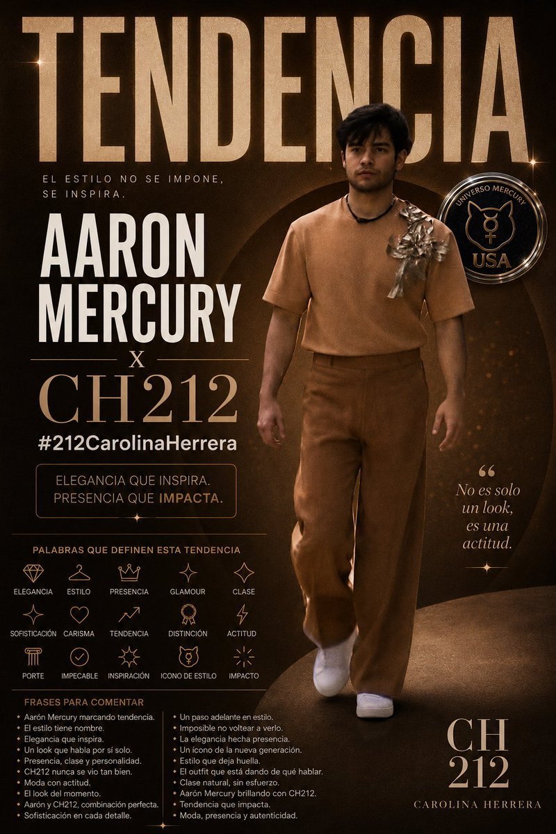 usa_mercury's tweet photo. TENDENCIA 💫✨
Estilo, presencia y actitud en una combinación 🤎
AARON MERCURY X CH212
#212CarolinaHerrera
#ARONATION https://t.co/XzHSHPmLbf