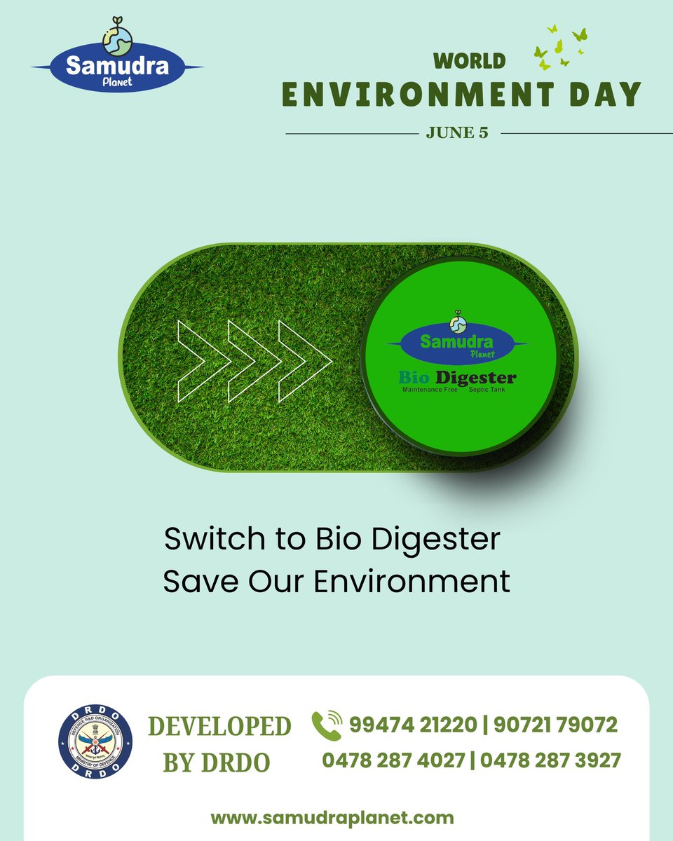 SamudraPlanet's tweet photo. Switch to Bio Digester. Save Our Environment. #worldenvironmentday  #WorldEnvironmentDay 

For details, contact: 

Samudra Planet
Kerala's first waste management company with cutting-edge microbial technology.
99474 21220 | 90721 79072 | 0478 287 4027 | 0478 287 3927 https://t.co/sUw2gfft6n