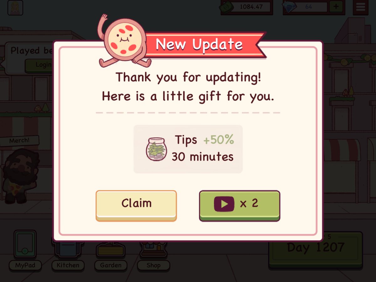 jennaize's tweet photo. @goodpizzagame could you please change this to being able to redeem it whenever you want? sometimes i just go on to do my daily 10 ads to get gems real quick when i don't have time to play right away, so i'd want to use this another time, but it makes you claim it right away :( https://t.co/W7dpSUf1FV