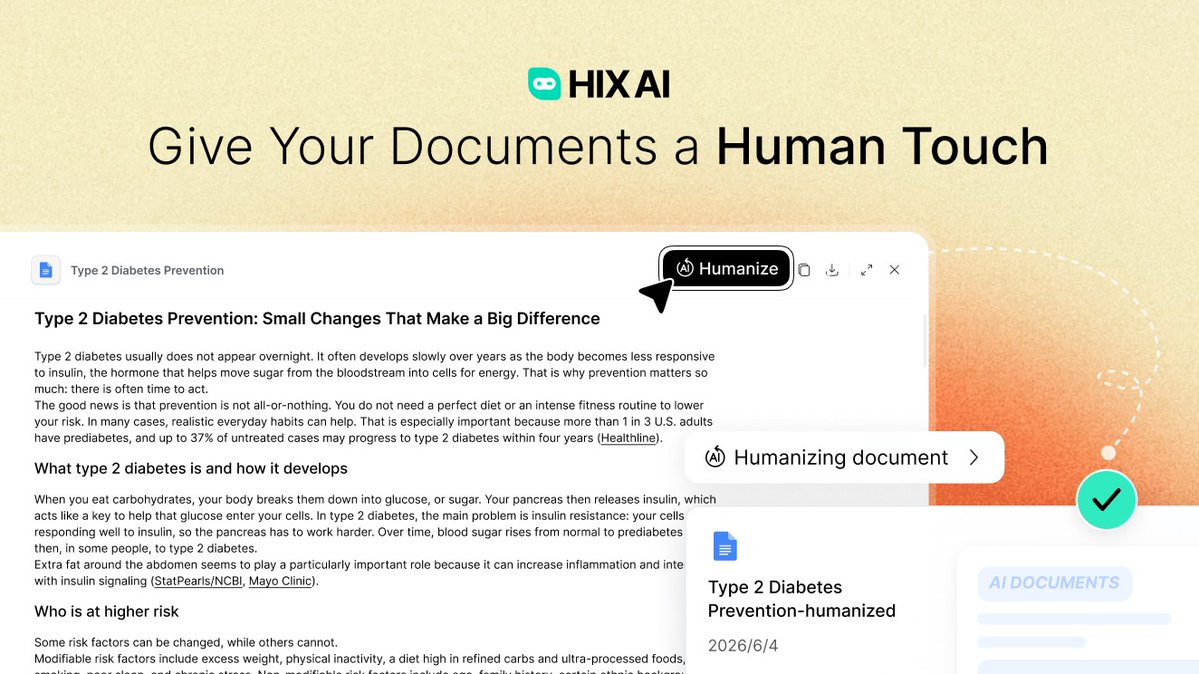 Riya333S's tweet photo. If your AI text still sounds like a robot, you need to see this.

 @HIX_AI_  just dropped v2.2 and the "Humanize" feature is a game-changer. The tailored social workflows are saving me hours.

You can adjust it to your own style. https://t.co/56sXHtsIT8