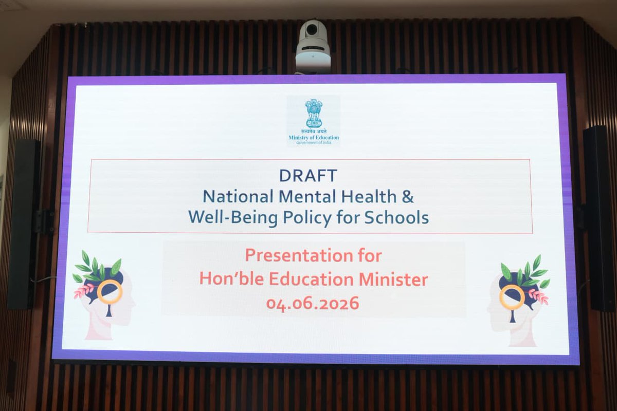 EduMinOfIndia's tweet photo. Hon'ble Union Minister of Education, Shri @dpradhanbjp, chaired a detailed discussion during a review meeting with officials, committee members and domain experts on the proposed draft National Mental Health & Well-Being Policy for Schools.

The deliberations focused on strengthening mental well-being among students, teachers and the wider school community. Emphasising the importance of a holistic and preventive approach, the Hon'ble Minister underscored the need to foster safe, inclusive and supportive learning environments, build a positive school culture that promotes mental well-being, empathy, care, trust, and emotional resilience, and integrate mental health and well-being into school system, practices and implementation as an integral part of quality education. The policy must leverage on Indian Knowledge Systems, culture and must be practically implementable while having the teachers as the first level of mentors. 

#MentalHealth #SchoolEducation #StudentWellBeing #MentalWellBeingInSchools
