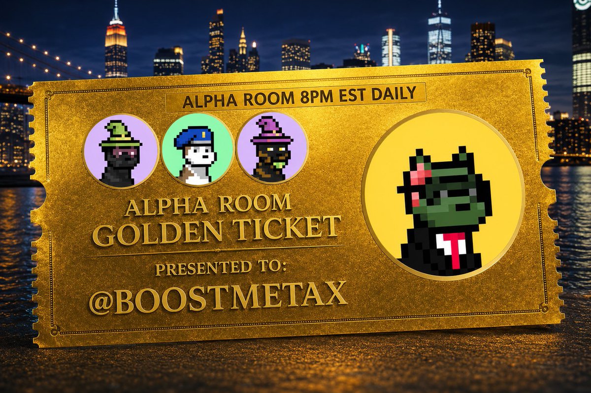 alpharoomx's tweet photo. The Alpha Room presents @Boostmetax with The Golden Ticket. An exclusive VIP pass to always grace our stage, share his extensive Doginal Dog trait knowledge and Alpha. Only a few Golden Tickets exist, we are honored to present this one to @Boostmetax https://t.co/kYNjsMLSW8