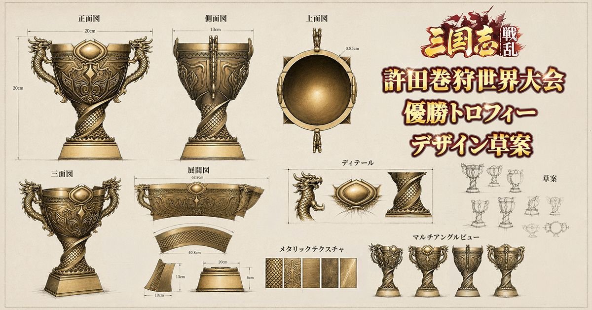sangokusenran's tweet photo. 🏆【双竜奪鼎】許田巻狩トロフィー設計図公開！
詳細は画像をチェック👀

💬【キャンペーン】
🎁#抽選 で5 名様に「軍資補給箱x10」をプレゼント！

▼参加方法
①@sangokusenranをフォロー
②デザインの感想をコメント

切:6/11

👉ゲームDL：https://t.co/cUqmSjenGr

#三国志戦乱 https://t.co/1ss8YScmCJ