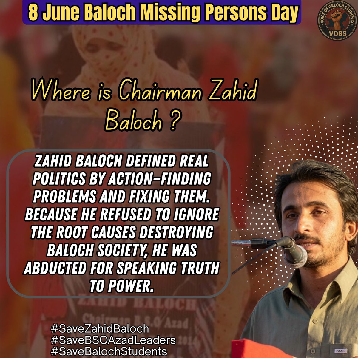 VoiceOBStudents's tweet photo. 8 June Baloch Missing Persons Day
Zahid defined real politics by action—finding problems and fixing them.Because he refused to ignore the root causes destroying Baloch society,he was abducted for speaking truth to power.
#SaveZahidBaloch
#SaveBSOAzadLeaders
#SaveBalochStudents https://t.co/yN4Q2F2tte