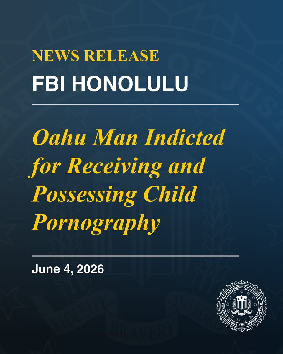 FBIHonolulu's tweet photo. 🚨NEWS ALERT: Oahu Man Indicted for Receiving and Possessing Child Pornography

Fletcher Bailey Kop, 41, of Oahu, Hawaii, was indicted for receiving and possessing child pornography. According to court records, Kop was identified as a potential witness to a burglary in December 2025. As part of the investigation, Kop consented to a search of his cellphone, which uncovered over 100 images of child pornography, including of girls aged 10-12 years old engaged in sexual acts with adult men. Federal investigators obtained a warrant to continue searching Kop’s phone and uncovered over 60 videos constituting child pornography. Some of the videos were of girls potentially as young as 5 years old.

If convicted, Kop faces up to 20 years in prison, including a mandatory minimum sentence of 5 years, and fine of up to $250,000.

🔗https://t.co/oJqPrVi2G9