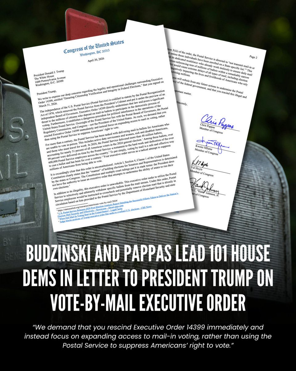 wtpBLUE's tweet photo. #TrumpIsUnfitForOffice    #wtpBLUE    WE THE PEOPLE 
 
The Elections Clause of the Constitution grants authority to the States and Congress, not the president.  Trump is trying to order the USPS to refuse to deliver ballots to anyone not in the federal “citizenship list” compiled by DHS.  We have already seen them jail U S citizens, so it’s not a far stretch that many voters would lose the right to vote by mail.  Millions of voters would be disenfranchised.
 
Everyone deserves a chance to vote by mail, including people with disabilities, students, rural voters, military families overseas, caregivers, some with limited English skills depending on a translator, and working people, the same way Trump does.  Ever wonder why republicans are so afraid of every American citizen voting, instead of focusing on having policies Americans would support?