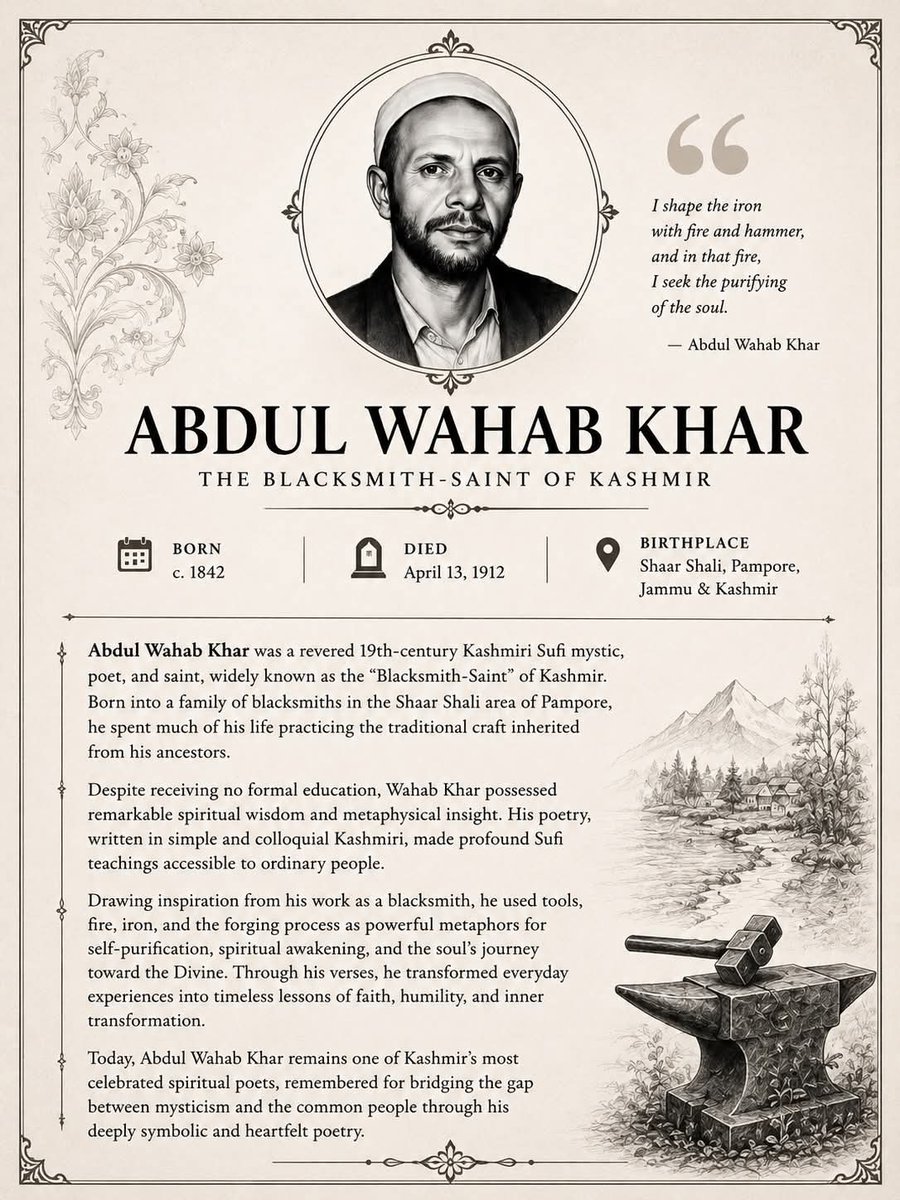 kshmirmemories's tweet photo. Abdul Wahab Khar (c. 1842 – April 13, 1912) was a revered 19th-century Kashmiri Sufi mystic, poet and saint. Born into a family of blacksmiths in the Shaar Shali area of Pampore, Jammu and Kashmir, he is often celebrated as the “Blacksmith-Saint”. https://t.co/glma0t6kjE