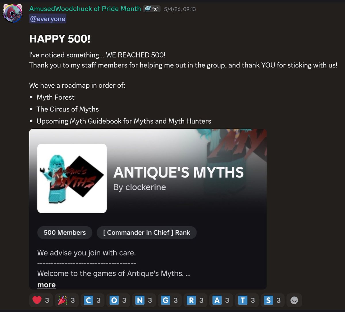 DailyRMC's tweet photo. According to clockerine, the owner of the group: "we have a roadmap in order of: [a] Myth Forest [game], [a] Circus of Myths, [and an] upcoming myth guidebook for myths and myth hunters!" https://t.co/JLER3DYNDa