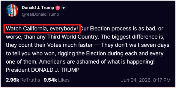7thDean's tweet photo. President Trump's Truth is telling everybody to "Watch California" regarding the rigging of the election..🤔

Well if we go to the Q posts and look for one that tells us to "Watch CA" you find this little gem which tells us exactly what's going on....🧐 

Q 2621
    Will voter fraud in CA ever be brought to light?

Yes.
"Watch CA" was deliberate.👈👀🪤  
Q

The trap was set and the Democrats in California fell for it, hook, line and sinker..🤦‍♂️

I believe President Trump is letting California deliberately count extra votes for days after the election on purpose so all the people of California and the rest of the country can watch it happening in real-time...🐀🗳️👀

Because remember what we were told in Q post 4246...

Sometimes you can't TELL the public the truth.
YOU MUST SHOW THEM.
ONLY THEN WILL PEOPLE FIND THE WILL TO CHANGE.