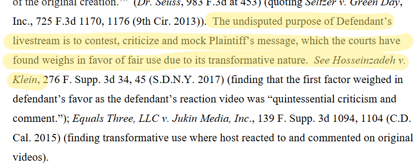 kilotonics's tweet photo. in a hilarious twist of delicious irony, the court tentatively determined that Denims' reaction to the Content Nuke passes three of the four pillars of Fair Use and is therefore transformative—and in all three of the four pillars that it passes, the court cites Ethan Klein's OWN former case against Matt Hoss as precedent that informs their decision