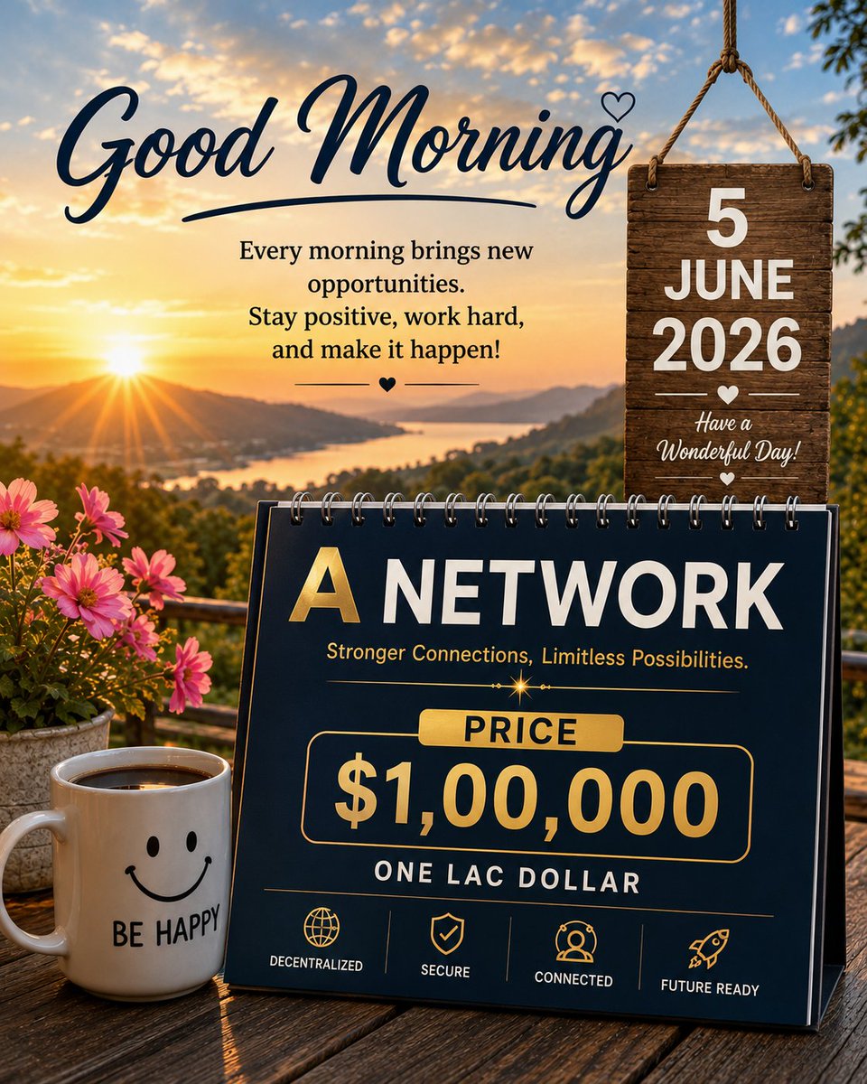 saurabh60687526's tweet photo. 🌅 Good Morning A NETWORK Family!  🚀

 Today is June 5, 2026, and a new day is giving us the opportunity to take our dreams and closer.

 Imagine the day when $ANET is no longer just a digital asset, but the backbone of a global digital economy.  💎

 $100,000 per ANET is not just a number, but a symbol of the vision, community, technique and patience that A NETWORK is becoming.

 Every great journey begins with a belief.  Every great ecosystem is made up of a strong community.  And every success belongs to those who recognize the opportunity ahead of time.

 Mining, AI, digital identity, real utility, decentralization and community power — this is the real strength of A NETWORK.  🐜⚡

 Today's message: ✨ Dream big ✨ Keep learning ✨ keep contributing ✨ and join those shaping the future

 Good Morning & Have a Productive Day!  ☕🌞

 #ANetwork #ANET 
@21_itis 
@ANetwork_Ant 
@Queen_ANet 
@Digitalgold1979 
@BaskaranBBV