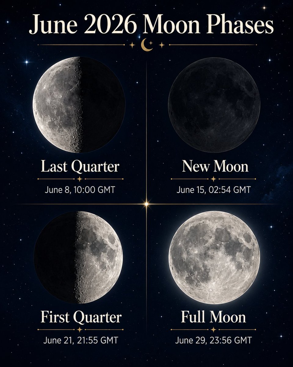 StarWalk's tweet photo. 🌙 Save the main Moon phases of June 2026!

Plan your stargazing, moon photography, rituals, or just a peaceful night under the sky with this handy lunar calendar for June.

Which Moon phase is your favorite to watch?

#StarWalk #MoonPhases #JuneMoon #MoonCalendar #FullMoon #NewMoon