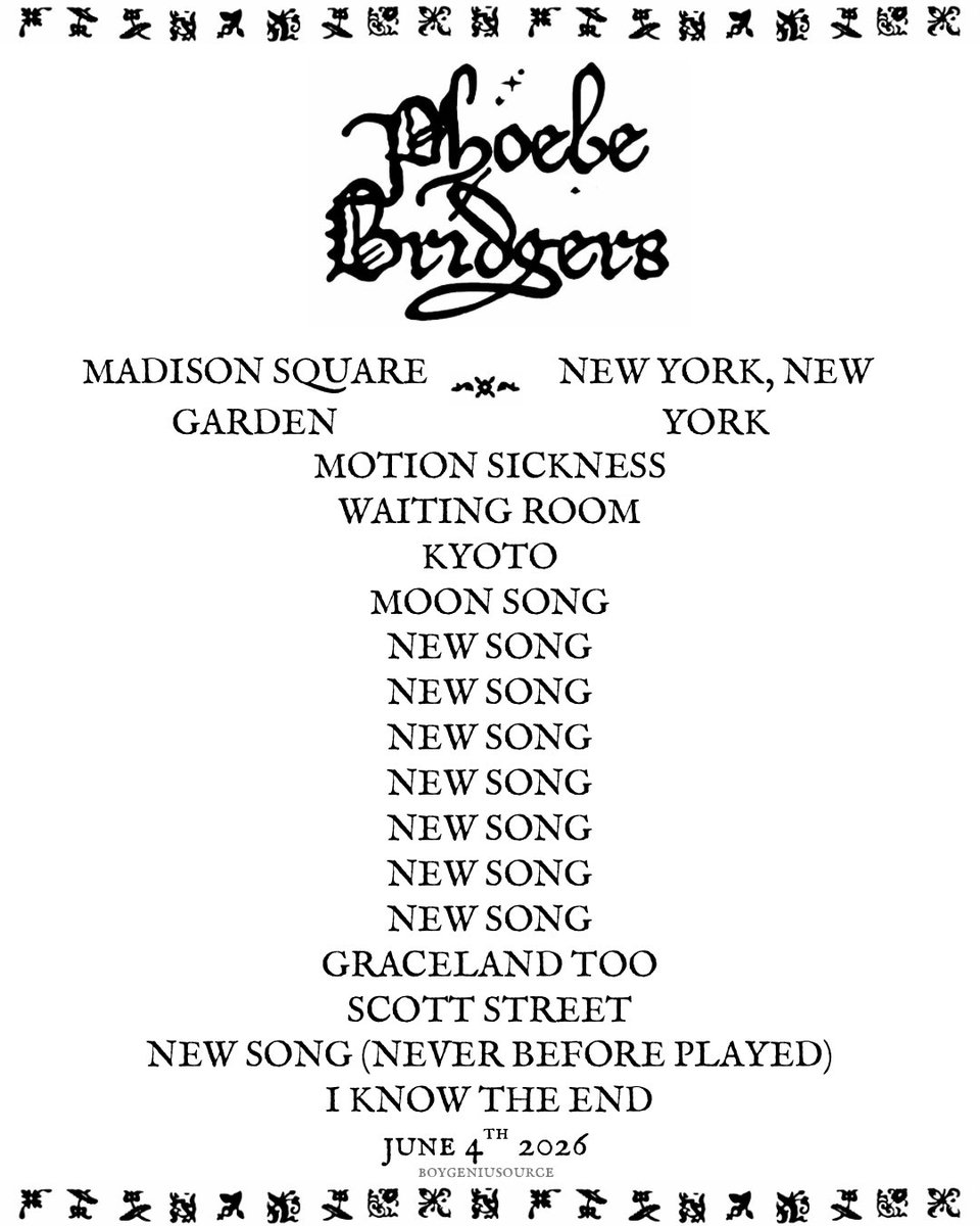 boygeniussource's tweet photo. Tonight’s setlist from Madison Square Garden! Phoebe played EIGHT new songs alongside Waiting Room! https://t.co/N4GkO1aF6Q