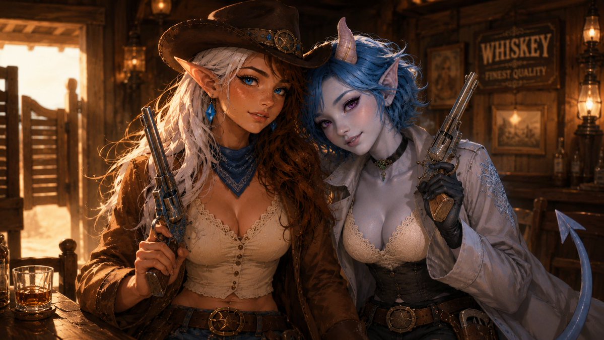 DorneSylas's tweet photo. I know it's trouble inviting two of the spiciest women I know to an era like this but... could you resist?

Chaos plus whimsy meets cocky plus sultry in two delightfully complimentary personalities. Far be it from me to not take full advantage.

____________________________________________________

Side note... I forget who initially shared this prompt so if someone remembers please tell them thank you, it's a fantastic one!

#AIart #OutcastsDominion