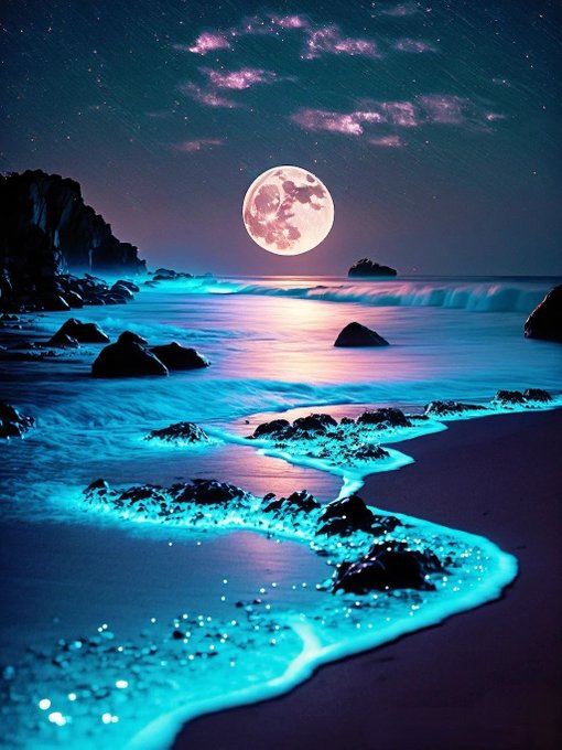 FINDER_CLUB's tweet photo. 满月垂落海面，荧光海浪漫过礁石🌌晚风携着整片夜色的温柔。 https://t.co/RNLSjAoQTF