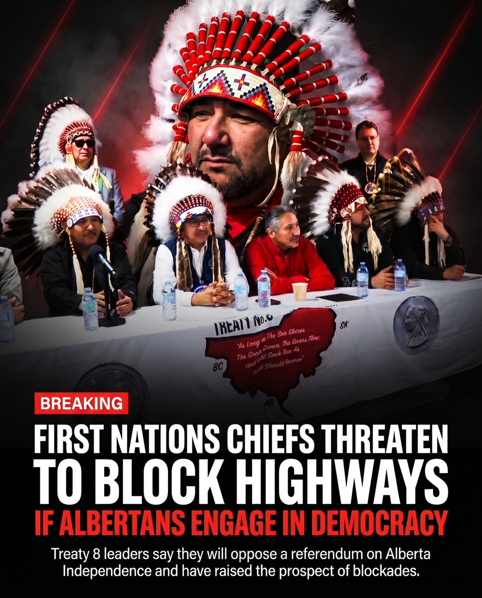 RiseOfAlberta's tweet photo. 🚨 BREAKING: Treaty 8 leaders threaten highway blockades to stop an Alberta referendum.

Ironically, Jason Kenney’s Bill 1 already made blocking critical infrastructure illegal.

Albertans have the right to vote. Democracy cannot be held hostage by highway threats. https://t.co/fm5Mjh2ieb