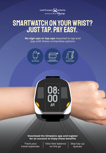 LTAsg's tweet photo. With #SimplyGo, your smartwatch ⌚ can be used to pay for fares directly—no top-ups required. https://t.co/fd4x24VWrf