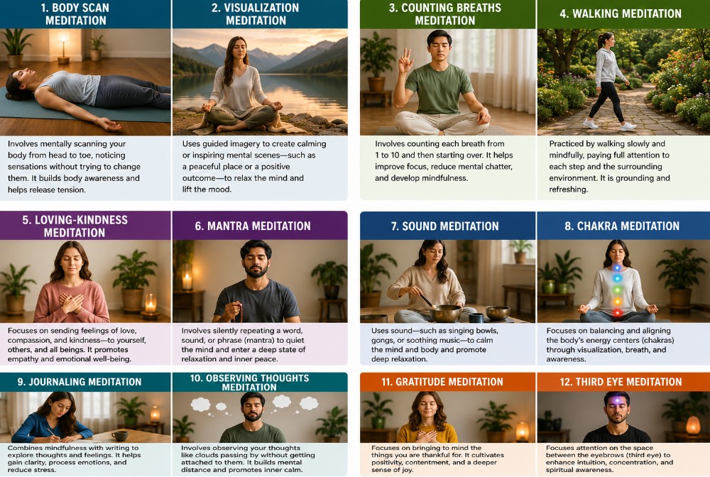 EllaC30434's tweet photo. I made an image where I put 12 different type of meditations on it. Dianna said you can click the photo and it will make it bigger for you and easier to read. I hope you can read them. 

There are other types of meditations but these are my favorite ones. https://t.co/mQzxfNbFyA