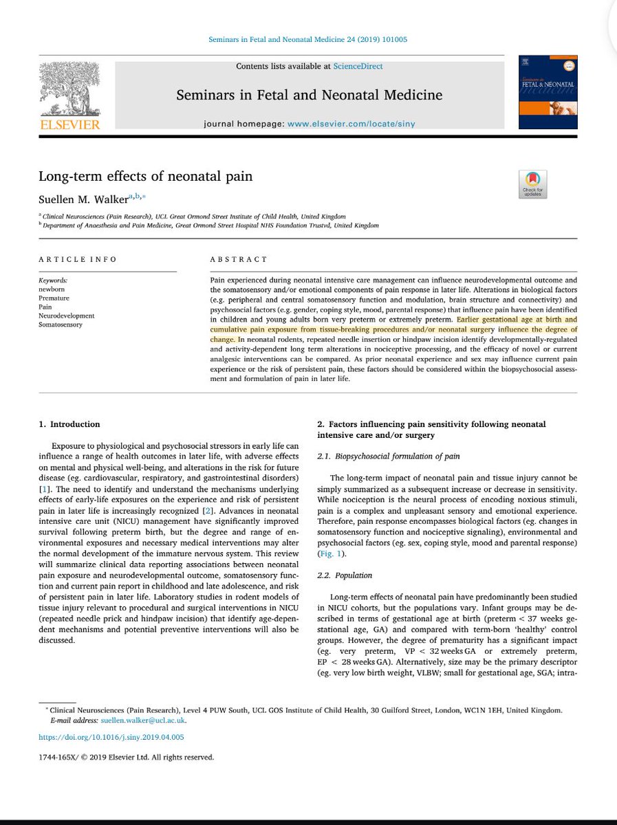 AttorneyClopper's tweet photo. You're right that it's a different paper by the same authors. But the point stands: There's a sizable body of research (beyond circumcision) that suggests early pain exposure alters pain perception later.

Also, the current standard of care for newborn circumcision (if there is one) is not anesthesia like you say, but analgesia. Analgesia is not perfectly effective, and there is no standard protocol. One type of analgesia used is a sucrose pacifier (a lollipop).

Finally, even if effective analgesia is used during the surgery, that doesn't mean it will be used to handle post-operative pain.

All in all, the evidence on pain is one reason among dozens against cutting children's genitals without medical indication.