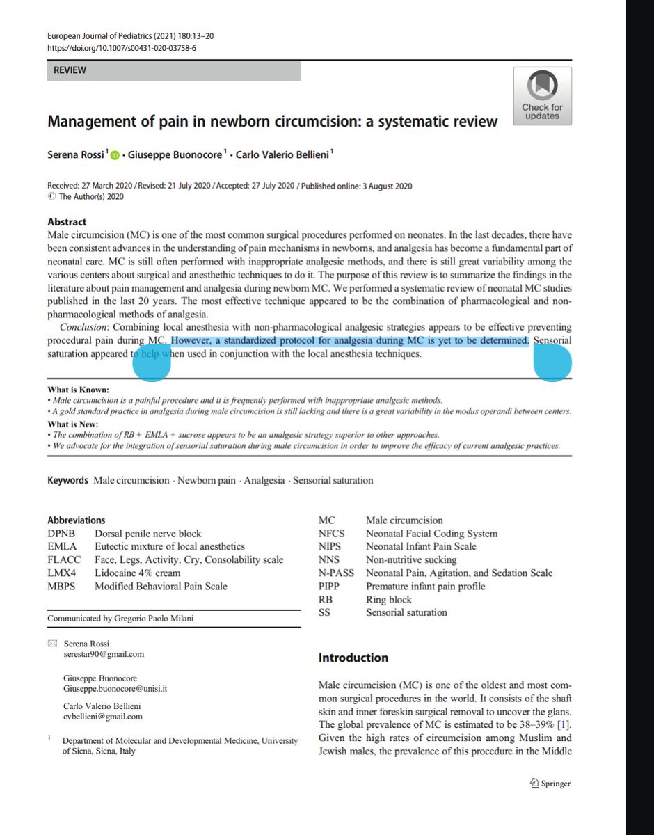 AttorneyClopper's tweet photo. You're right that it's a different paper by the same authors. But the point stands: There's a sizable body of research (beyond circumcision) that suggests early pain exposure alters pain perception later.

Also, the current standard of care for newborn circumcision (if there is one) is not anesthesia like you say, but analgesia. Analgesia is not perfectly effective, and there is no standard protocol. One type of analgesia used is a sucrose pacifier (a lollipop).

Finally, even if effective analgesia is used during the surgery, that doesn't mean it will be used to handle post-operative pain.

All in all, the evidence on pain is one reason among dozens against cutting children's genitals without medical indication.
