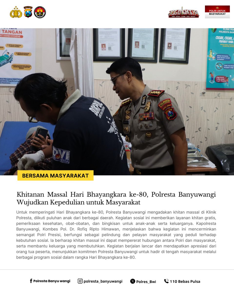 Humas_Muncar's tweet photo. Khitanan Massal Hari Bhayangkara ke-80, Polresta Banyuwangi Wujudkan Kepedulian untuk Masyarakat

Untuk memperingati Hari Bhayangkara ke-80, Polresta Banyuwangi mengadakan khitan massal di Klinik Polresta, diikuti puluhan anak dari berbagai daerah. 

#PolriUntukMasyarakat https://t.co/unvTCDO1uI