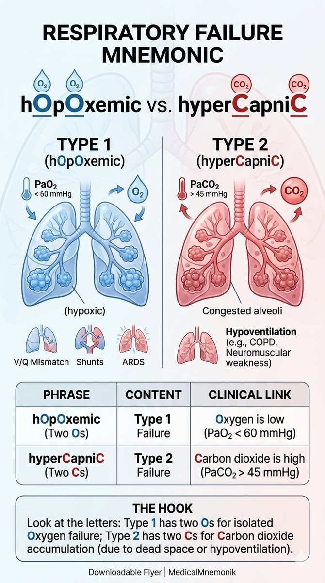 MedicalMnemonik's tweet photo. Topic: #Respiratory Medicine (Type 1 vs. Type 2 Respiratory Failure)

Mnemonic #Type: Embedded Letters

#Mnemonic: hOpOxemic vs. hyperCapniC 🫁

hOpOxemic (Two Os) | Type 1 Failure | Oxygen is low (PaO_2 < 60{ mmHg}) |

hyperCapniC (Two Cs) | Type 2 Failure | Carbon dioxide is high (PaCO_2 > 45{ mmHg})

The Hook: Look at the letters: Type 1 has two Os for isolated 
Oxygen failure; 

Type 2 has two Cs for Carbon dioxide accumulation (due to dead space or hypoventilation).

#medtwitter