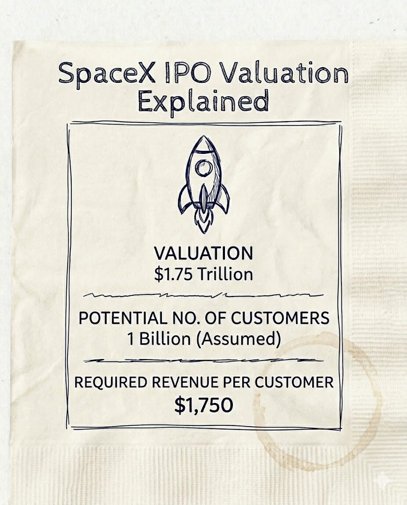 RetroOptions's tweet photo. Some paper napkin math on SpaceX valuation $SPCX https://t.co/8H88tYTCa3