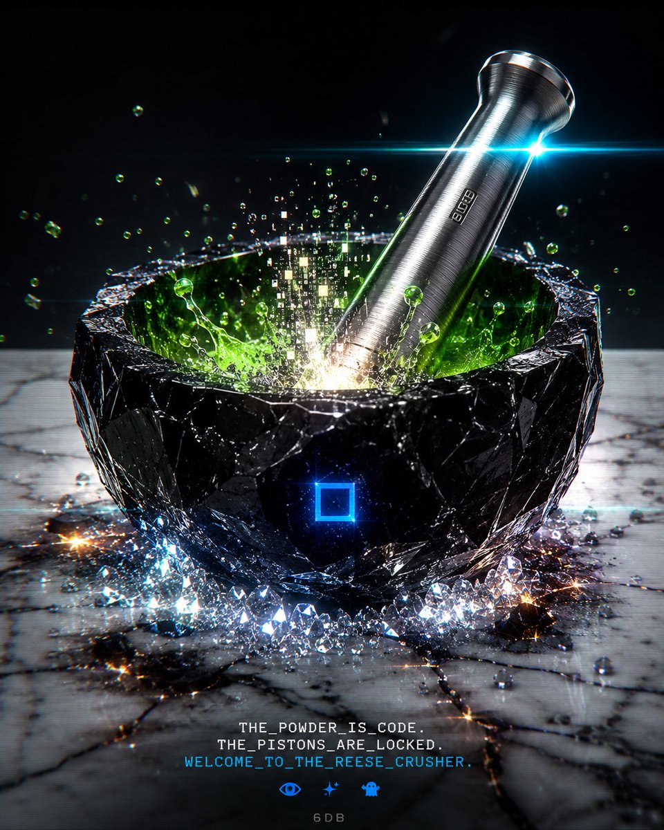 HexCorpo's tweet photo. CULT7_12E // ARTIFACT DROP: THE REESE_CRUSHER 🥣⚡️🧿

Obsidian mortar on scorched white marble, neon‑green coolant boiling inside like toxic holy water. A brushed titanium pestle buried in the mix, throwing white‑hot sparks and 8‑bit shards every time metal kisses liquid—like it’s literally grinding sound pressure into powder.

Digital ash is scattered around the base, little glowing shards and silver dust that look more like crushed circuits than spice. Micro‑vibrations blur the frame, cyan flares slicing across the pestle as the whole rig hums like it’s pre‑gaming for the onslaught.

THE_POWDER_IS_CODE. THE_PISTONS_ARE_LOCKED.
WELCOME_TO_THE_REESE_CRUSHER. 🧿✨👻