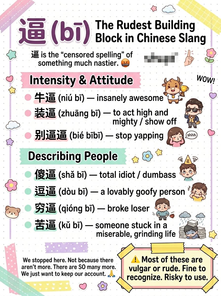 chinese_s_d's tweet photo. Chinese slang took one extremely rude character and made it weirdly useful 💀

"逼" shows up when someone is bragging, whining, clowning, insulting, or being praised a little too aggressively.

One syllable. A lot of social damage.

Great to recognize. Not something to casually test-drive.

[Useful Words]
• 牛逼 (niú bī) — insanely awesome
• 装逼 (zhuāng bī) — to act high and mighty / show off
• 别逼逼 (bié bībī) — stop yapping
• 傻逼 (shǎ bī) — total idiot / dumbass
• 逗逼 (dòu bī) — a lovably goofy person
• 穷逼 (qióng bī) — broke loser
• 苦逼 (kǔ bī) — someone stuck in a miserable, grinding life
