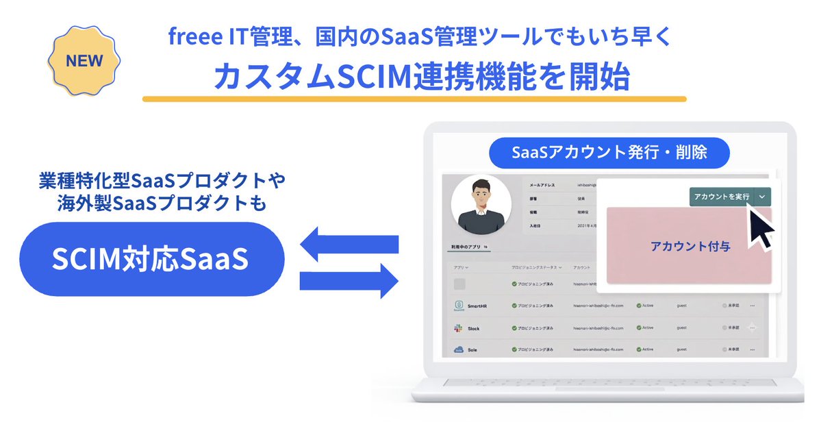 freeeDevelopers's tweet photo. 💡 AIツール急増の今、IT ツールの管理がますます重要に

freee IT管理、カスタムSCIM連携を提供開始！
SaaS管理ツールとして国内初(※)、あらゆるSCIM対応SaaSとの連携でアカウント管理を自動化できます👇
https://t.co/vE8cb2WZti https://t.co/UN6hZ2ZI0O