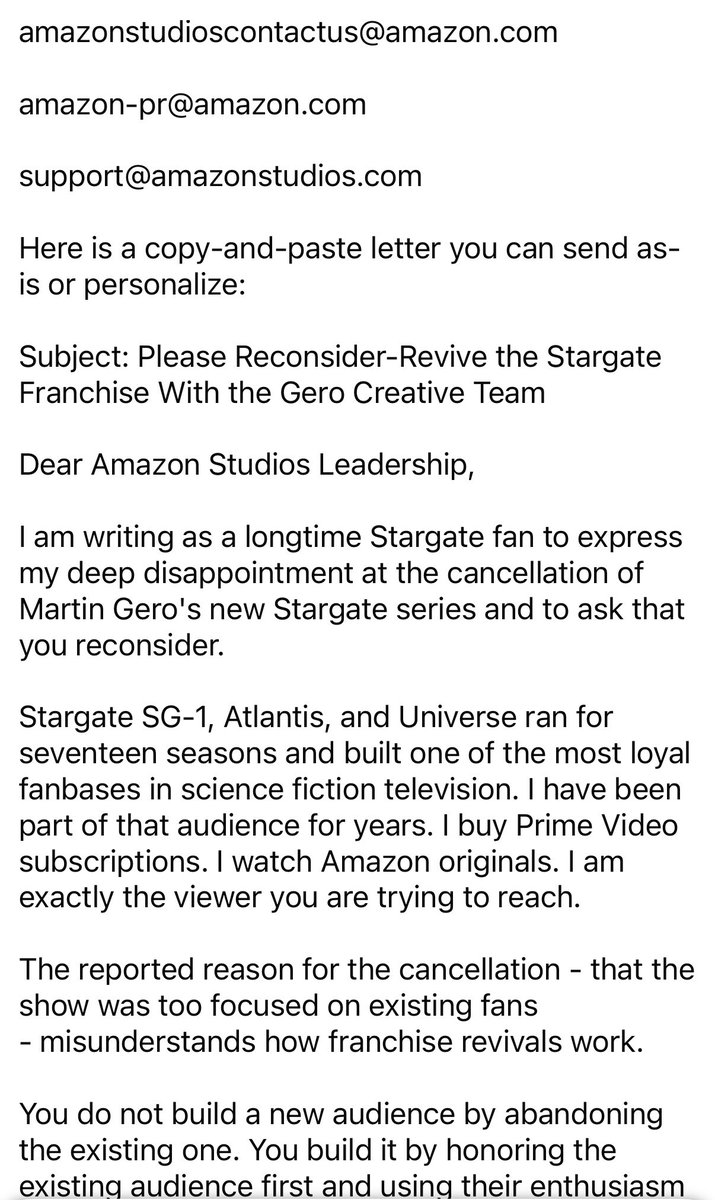 johnperkins84's tweet photo. https://t.co/8T0lKmnicK

How to Fight for Stargate - Here Is What You Can Do Right Now

Sign the petition. 
Send the email.
Post about it. 
Keep the gate open.

@AmazonMGMStudio, @JSalke Jennifer Salke, and @PrimeVideo 

#SaveStargate 
#ReviveTheGate https://t.co/DkJA1j0OIR