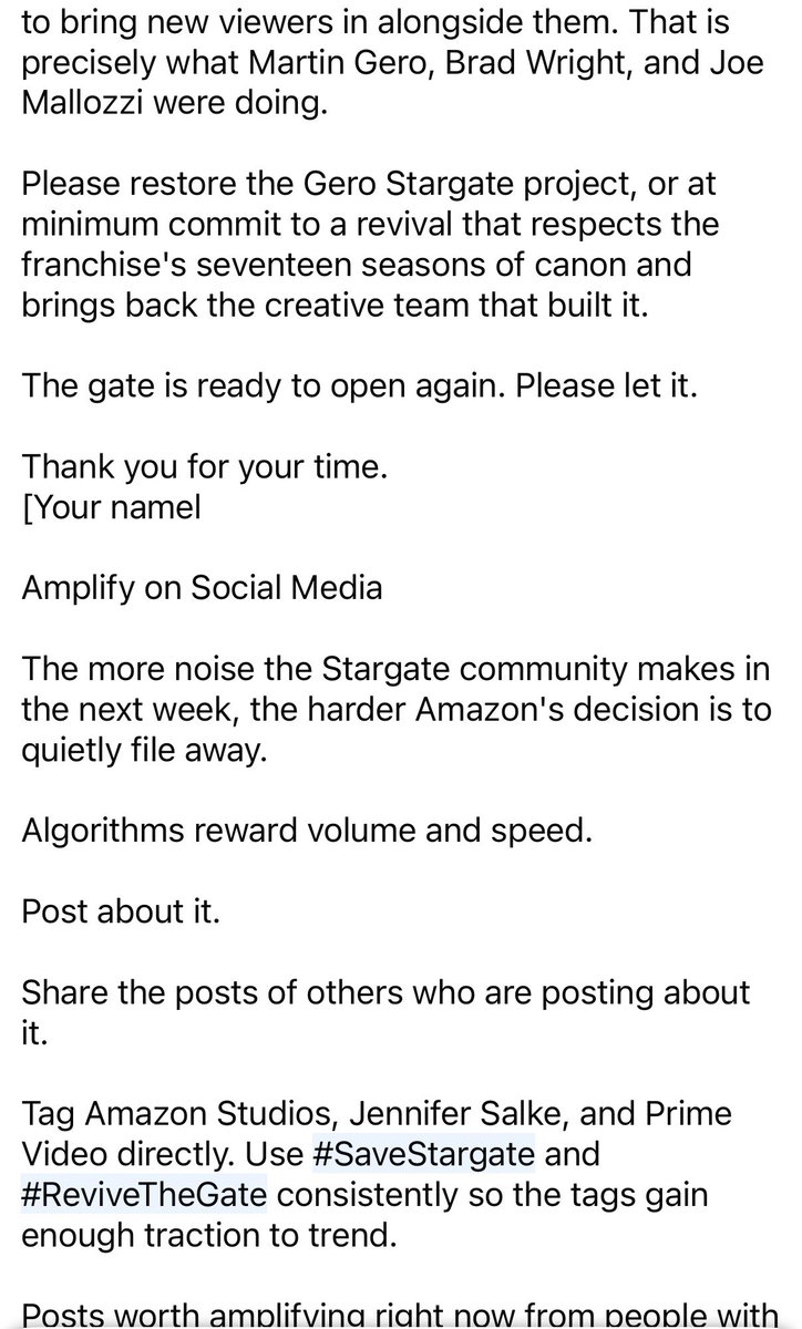 johnperkins84's tweet photo. https://t.co/8T0lKmnicK

How to Fight for Stargate - Here Is What You Can Do Right Now

Sign the petition. 
Send the email.
Post about it. 
Keep the gate open.

@AmazonMGMStudio, @JSalke Jennifer Salke, and @PrimeVideo 

#SaveStargate 
#ReviveTheGate https://t.co/DkJA1j0OIR