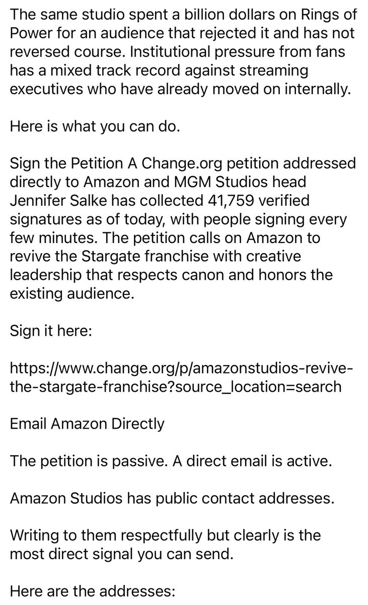 johnperkins84's tweet photo. https://t.co/8T0lKmnicK

How to Fight for Stargate - Here Is What You Can Do Right Now

Sign the petition. 
Send the email.
Post about it. 
Keep the gate open.

@AmazonMGMStudio, @JSalke Jennifer Salke, and @PrimeVideo 

#SaveStargate 
#ReviveTheGate https://t.co/DkJA1j0OIR