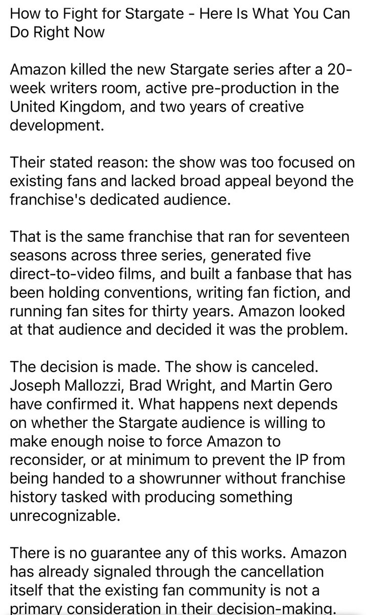 johnperkins84's tweet photo. https://t.co/8T0lKmnicK

How to Fight for Stargate - Here Is What You Can Do Right Now

Sign the petition. 
Send the email.
Post about it. 
Keep the gate open.

@AmazonMGMStudio, @JSalke Jennifer Salke, and @PrimeVideo 

#SaveStargate 
#ReviveTheGate https://t.co/DkJA1j0OIR