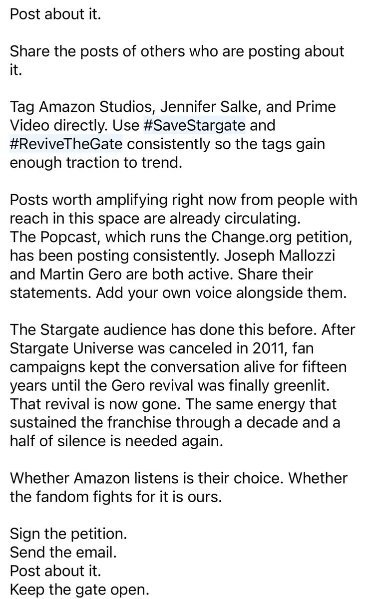 johnperkins84's tweet photo. Did my part - do yours

https://t.co/8T0lKmnicK

How to Fight for Stargate - Here Is What You Can Do Right Now

Sign the petition. 
Send the email.
Post about it. 
Keep the gate open.

@AmazonMGMStudio, @JSalke Jennifer Salke, and @PrimeVideo 

#SaveStargate 
#ReviveTheGate https://t.co/C1yahNow5N