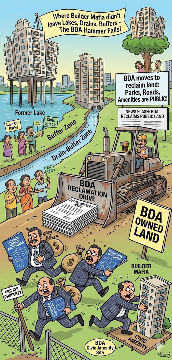 Attention_Blore's tweet photo. #BDA putting up a "#Public #Land" #signboard is cute, but the #builder #mafia has already drafted 15 stay orders and sold the #signboard as a "premium #lake-view #balcony feature." Let’s see who wins this round.  #Bengaluru #RealEstate #Encroachment https://t.co/iEIZFGz53w