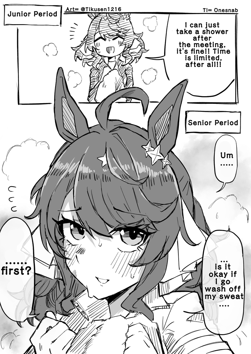 01s_nab23's tweet photo. Art by = @Tikusen1216 
TL:EN 
"That age where she starts becoming self-conscious" 
#ウマ娘 #Umamusume #ウマ娘英訳 #UmaTranslations https://t.co/NDwGLim2Jt