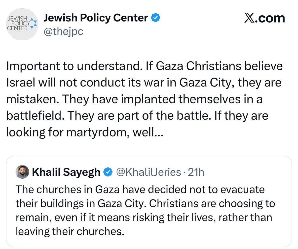 KhalilJeries's tweet photo. I was wondering where I had seen the name "Jewish Policy Center" before, only to remember they were the ones who called for the murder of our Christian community in Gaza. https://t.co/jjw126u4ey