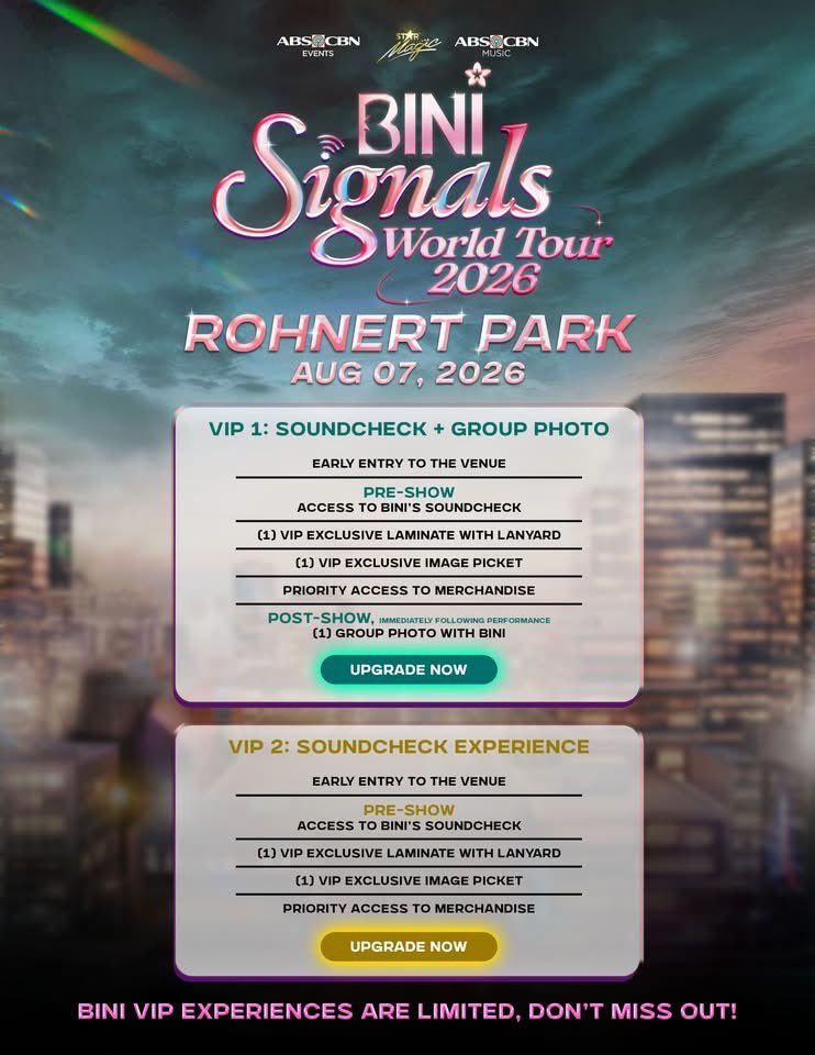 ABSCBNpr's tweet photo. California, we're ready to make Rohnert Park blush even more this August 7! 🇺🇸🌸

Upgrade your BINI Signals World Tour 2026 concert experience with these limited VIP perks!😍

Secure your tickets now!
🔗https://t.co/Jo5YKpC8D4

#BINI #BINI_SIGNALS_WORLDTOUR_2026 https://t.co/5t3XsrYHGL