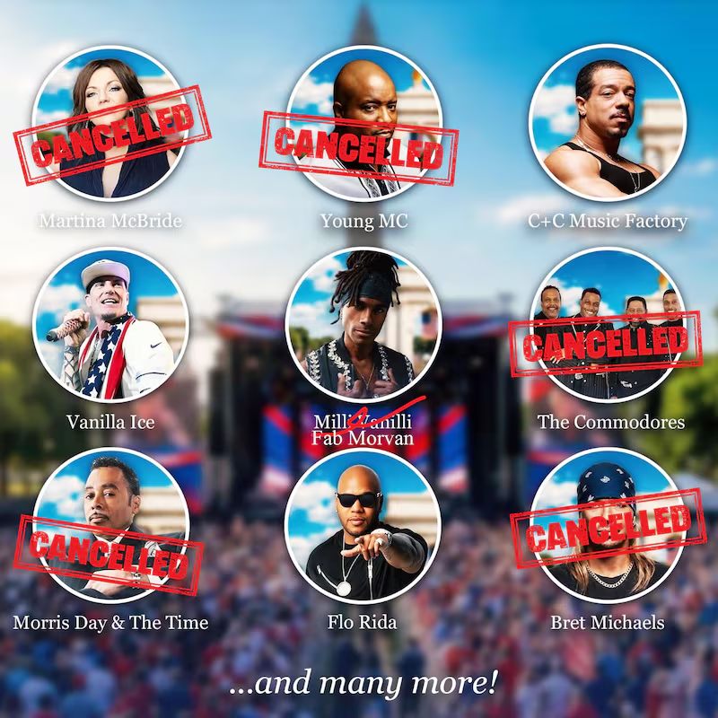 FrontPageTea's tweet photo. Trump finally cancels the America 250 Concert, after all most all the artists drop out. https://t.co/4UfDNqklFM